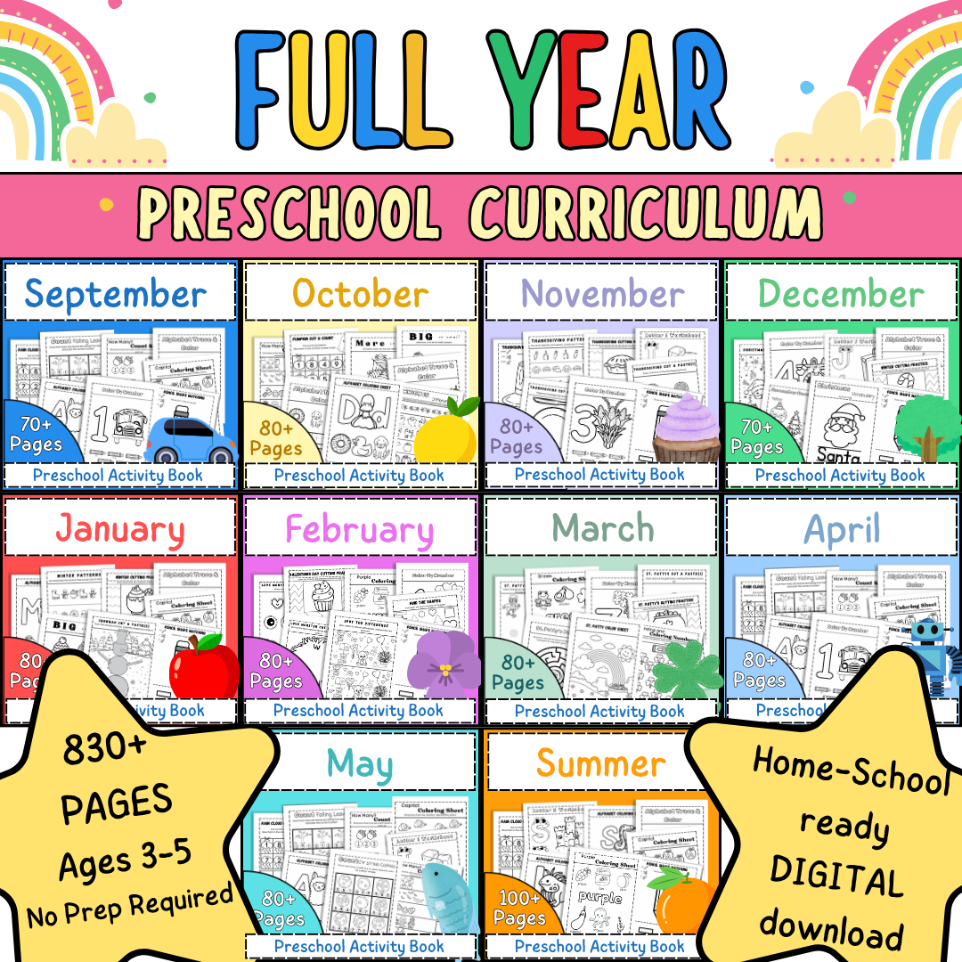 Full Year Preschool Curriculum, Ages 3-5, Preschool Curriculum & Worksheets & Pre-K Activities