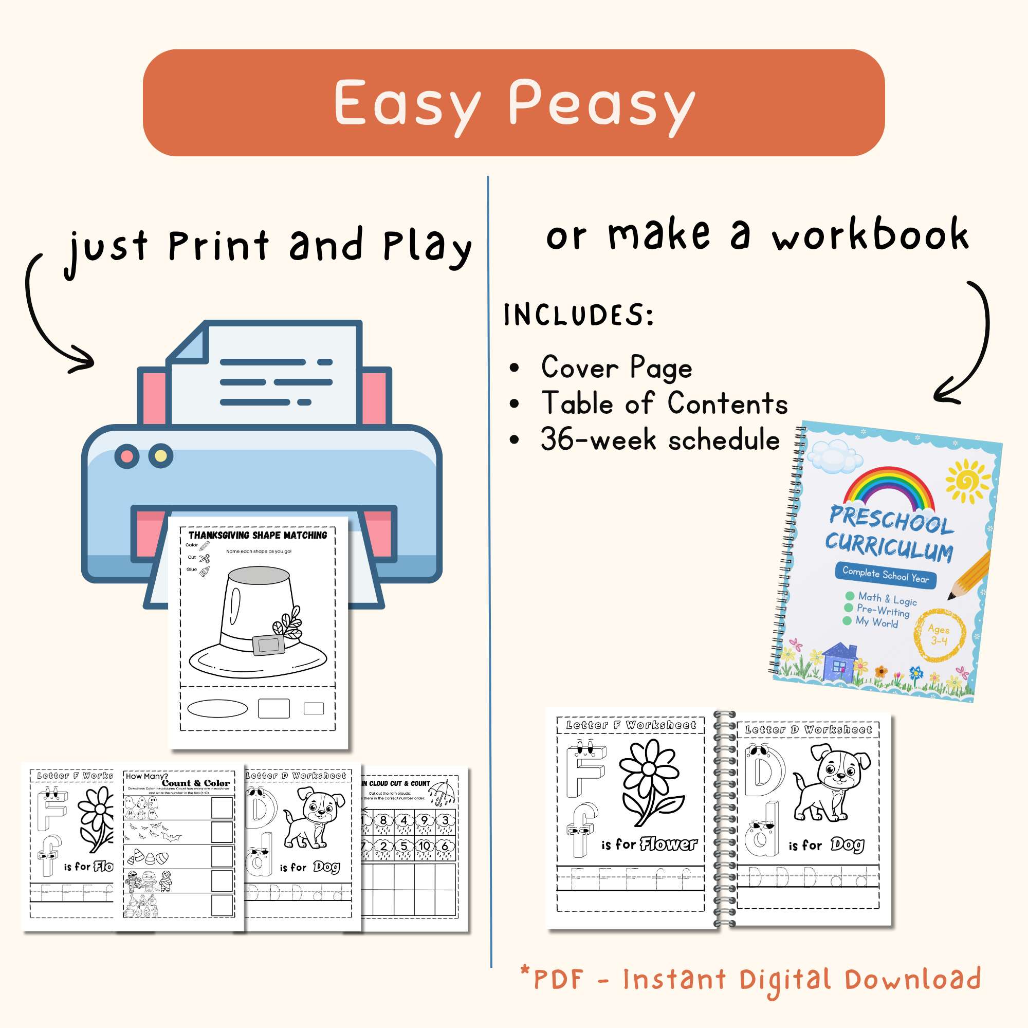 Full Year Preschool Curriculum, Ages 3-5, Preschool Curriculum & Worksheets & Pre-K Activities, ABC, Writing, Counting Activities