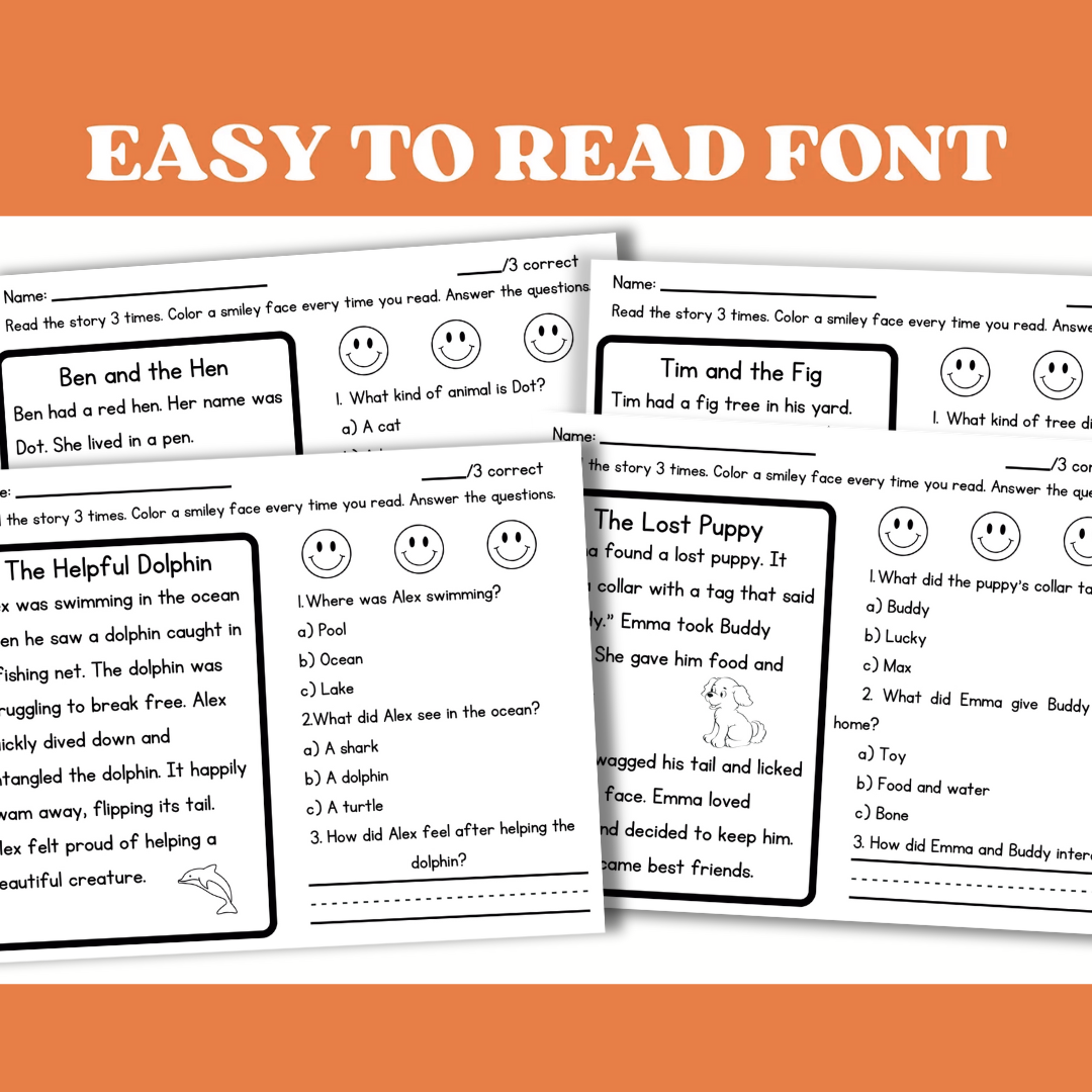 First Grade Reading Comprehension Worksheets, Decodable Stories with Questions, 50 Printable Pages