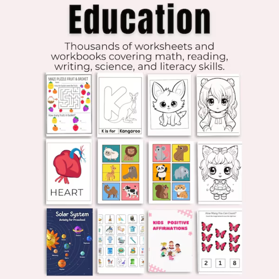 Kids Learning Activities Bundle, Homeschool & Classroom Worksheets