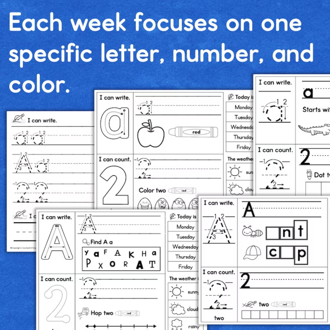 Kindergarten Daily Practice Worksheets FULL YEAR Spiral Review Phonics Reading Writing Math Letters Numbers Colors Shapes Homeschool