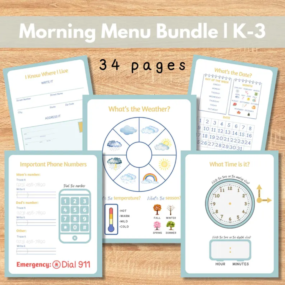 Elementary Morning Menu Daily Sheet, Morning Time binder, Homeschool Printable, Charlotte Mason, Kindergarten, K-3, Copy Work, editable