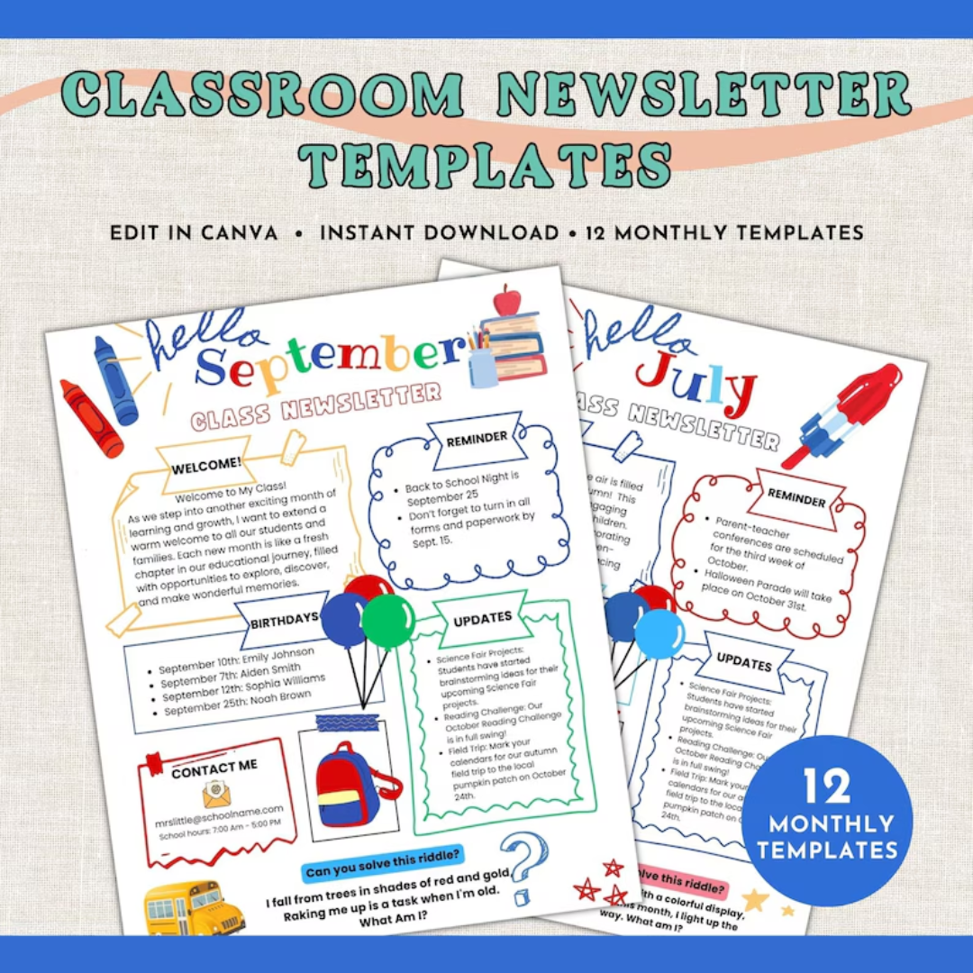 Weekly Classroom Newsletter Template, Monthly Newsletter, School Newsletter, Classroom Newsletter, Monthly Preschool Newsletter Template