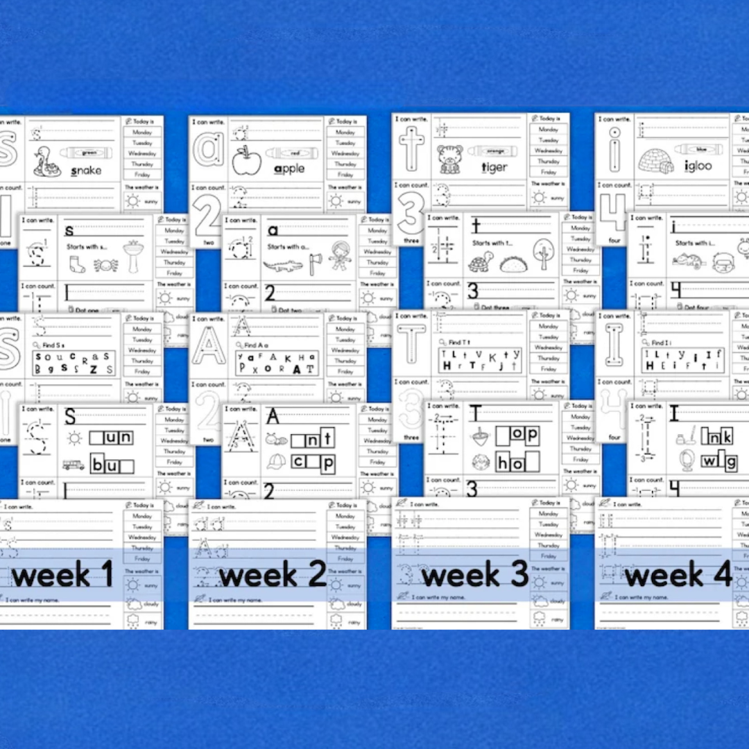 Kindergarten Daily Practice Worksheets FULL YEAR Spiral Review Phonics Reading Writing Math Letters Numbers Colors Shapes Homeschool