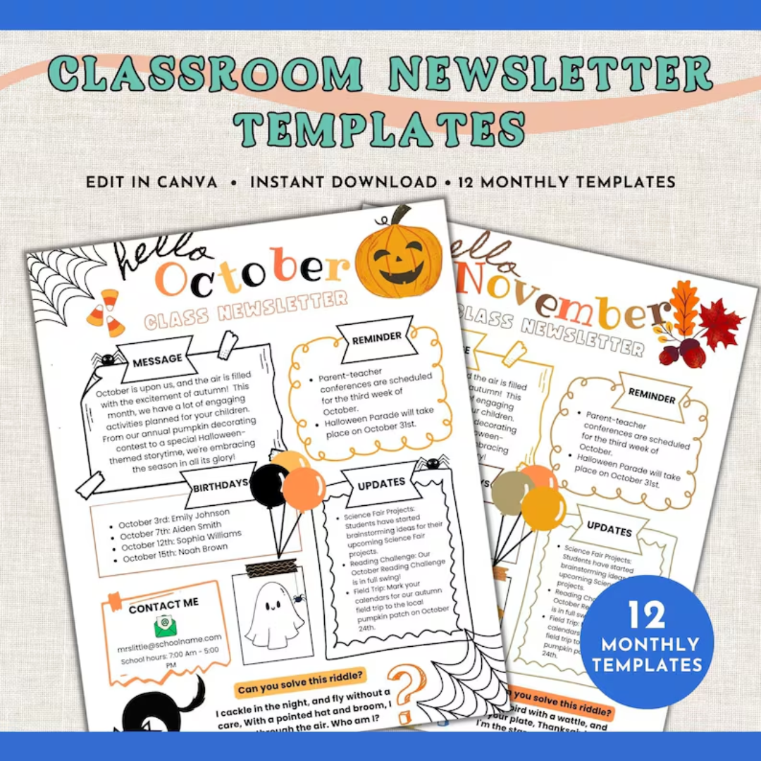 Weekly Classroom Newsletter Template, Monthly Newsletter, School Newsletter, Classroom Newsletter, Monthly Preschool Newsletter Template