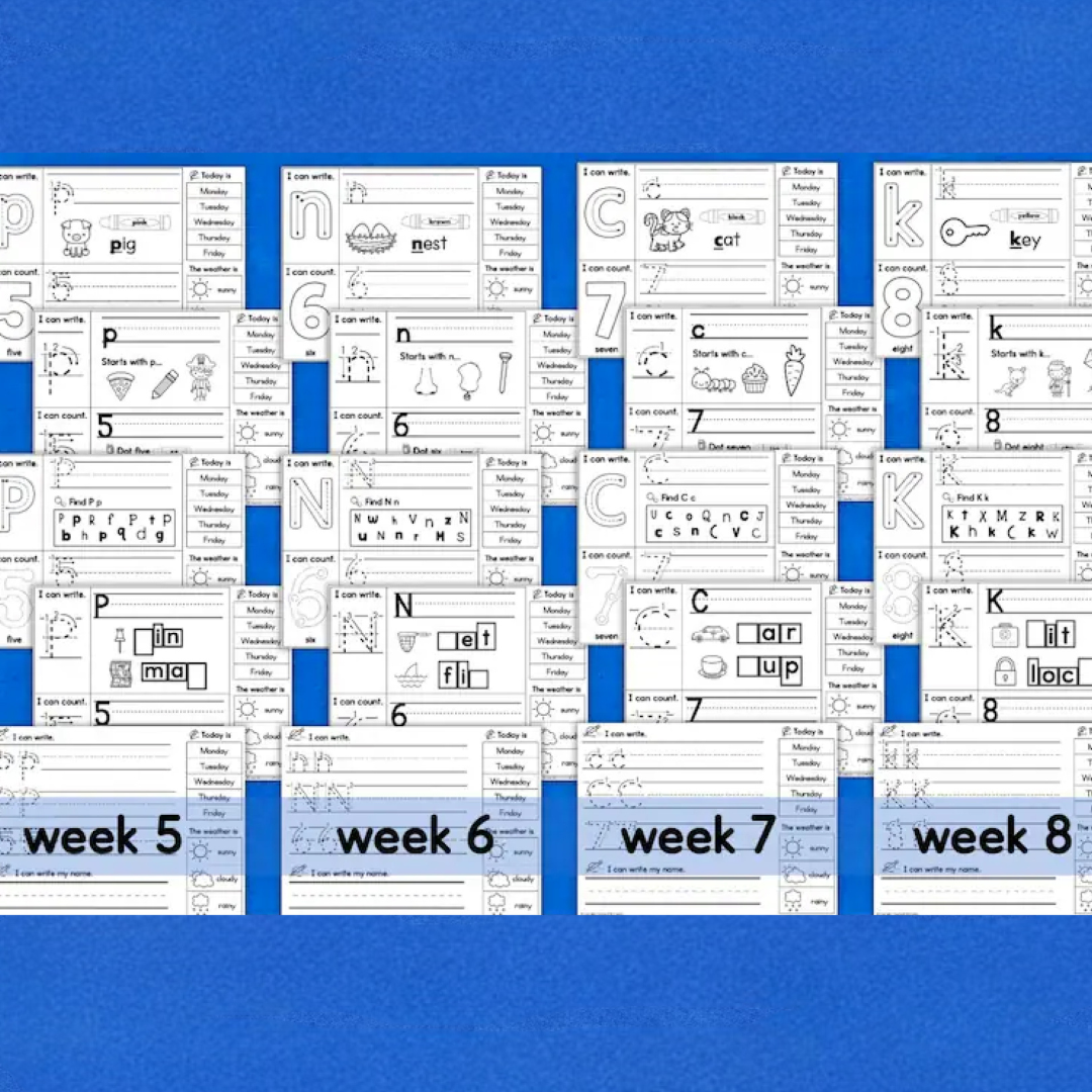 Kindergarten Daily Practice Worksheets FULL YEAR Spiral Review Phonics Reading Writing Math Letters Numbers Colors Shapes Homeschool