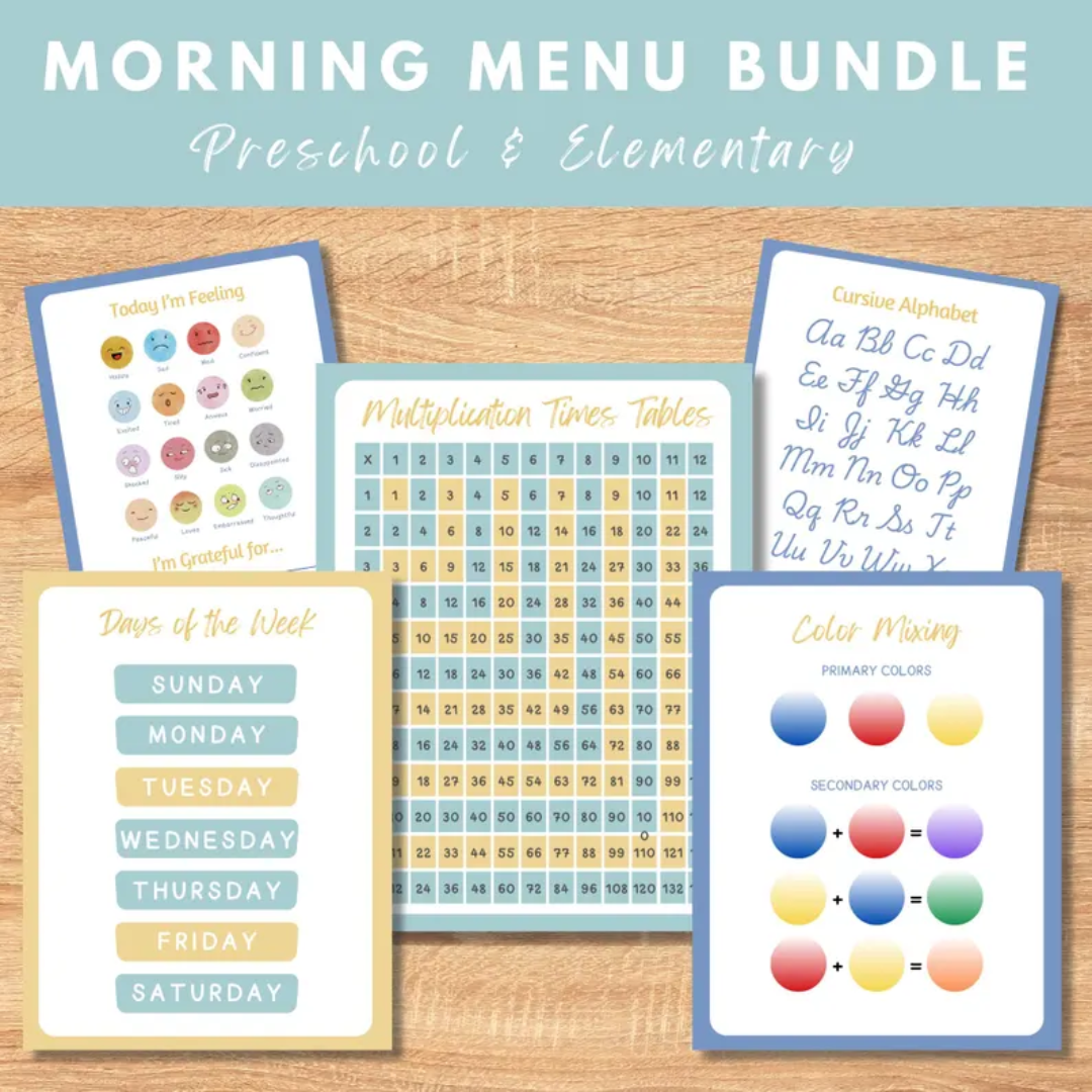 Elementary Morning Menu Daily Sheet, Morning Time binder, Homeschool Printable, Charlotte Mason, Kindergarten, K-3, Copy Work, editable