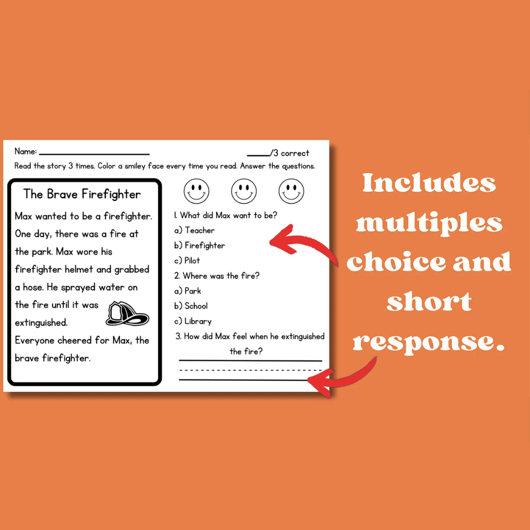 First Grade Reading Comprehension Worksheets, Decodable Stories with Questions, 50 Printable Pages