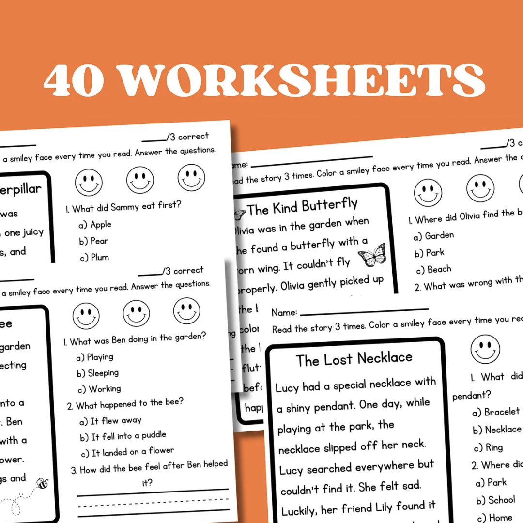 First Grade Reading Comprehension Worksheets, Decodable Stories with Questions, 50 Printable Pages