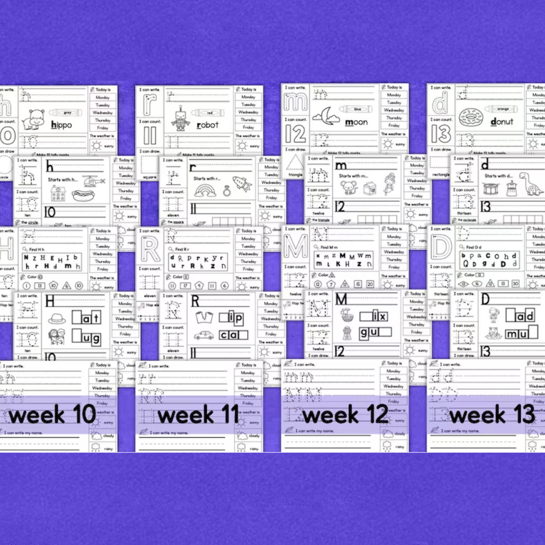 Kindergarten Daily Practice Worksheets FULL YEAR Spiral Review Phonics Reading Writing Math Letters Numbers Colors Shapes Homeschool