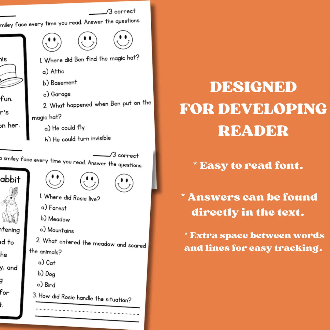 First Grade Reading Comprehension Worksheets, Decodable Stories with Questions, 50 Printable Pages