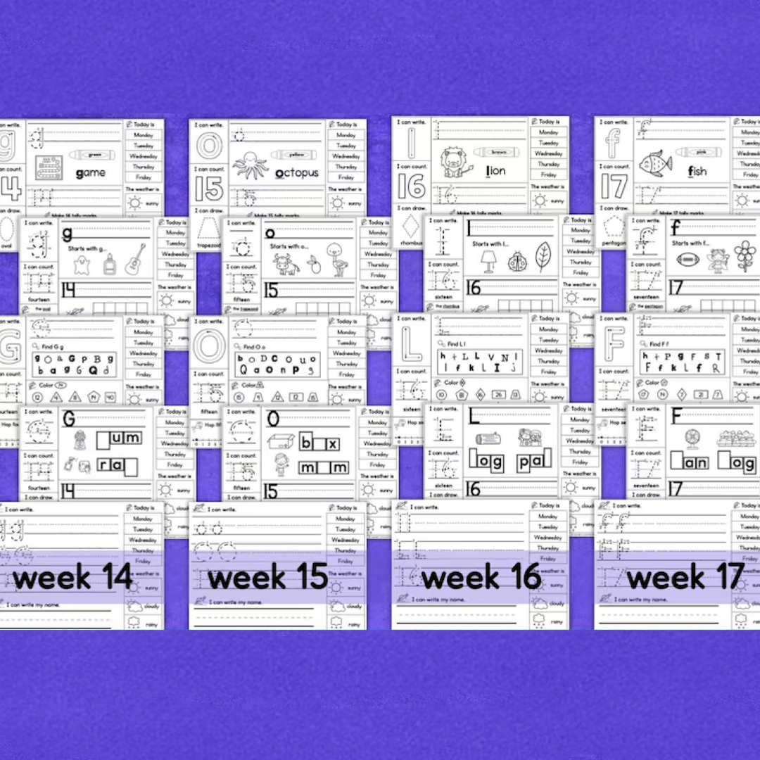 Kindergarten Daily Practice Worksheets FULL YEAR Spiral Review Phonics Reading Writing Math Letters Numbers Colors Shapes Homeschool