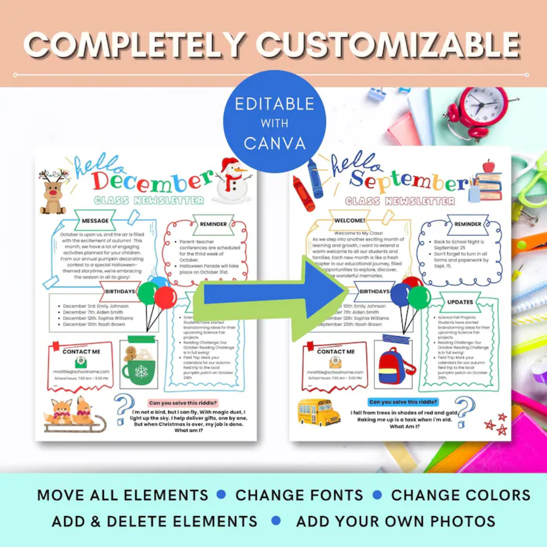 Weekly Classroom Newsletter Template, Monthly Newsletter, School Newsletter, Classroom Newsletter, Monthly Preschool Newsletter Template