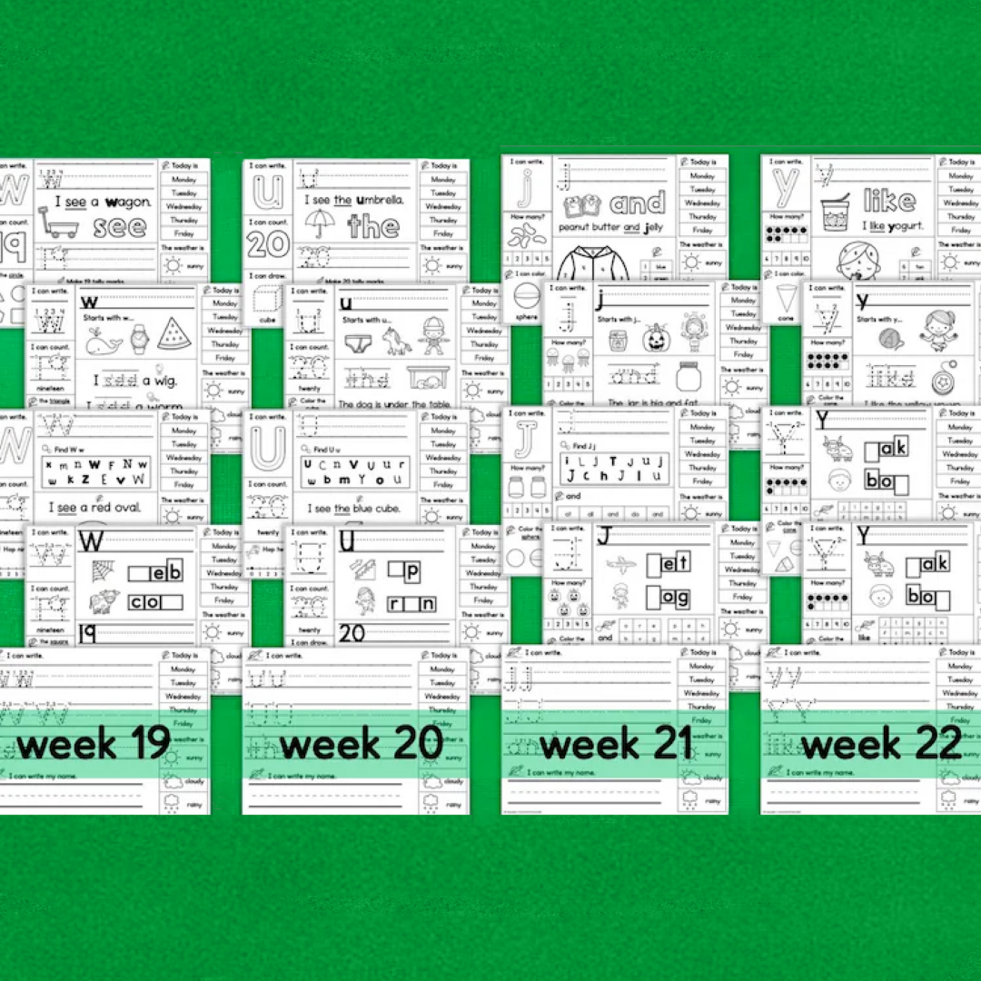 Kindergarten Daily Practice Worksheets FULL YEAR Spiral Review Phonics Reading Writing Math Letters Numbers Colors Shapes Homeschool