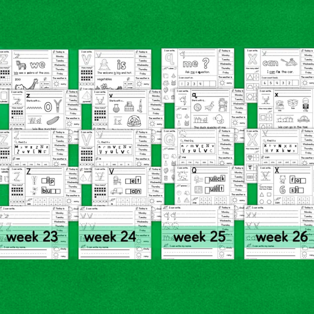 Kindergarten Daily Practice Worksheets FULL YEAR Spiral Review Phonics Reading Writing Math Letters Numbers Colors Shapes Homeschool