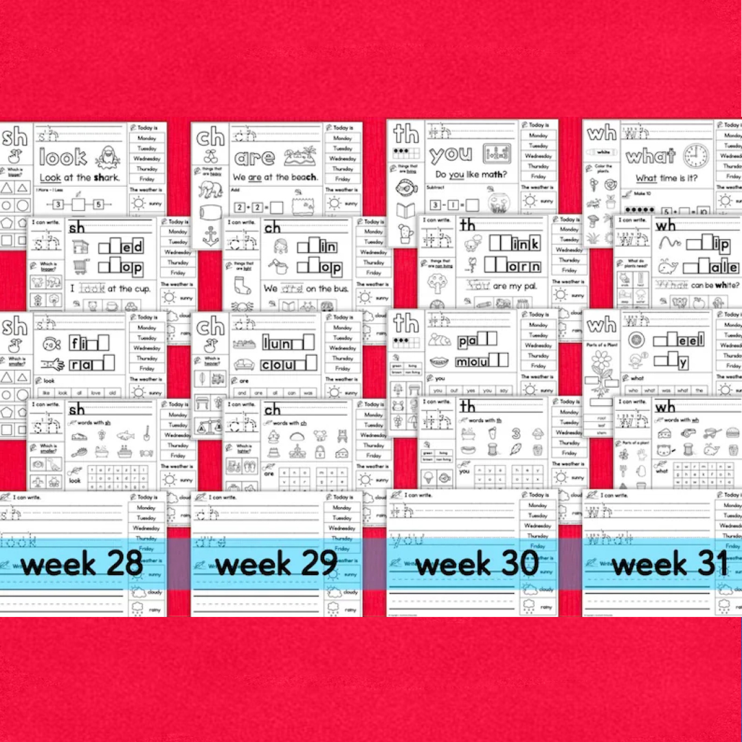 Kindergarten Daily Practice Worksheets FULL YEAR Spiral Review Phonics Reading Writing Math Letters Numbers Colors Shapes Homeschool