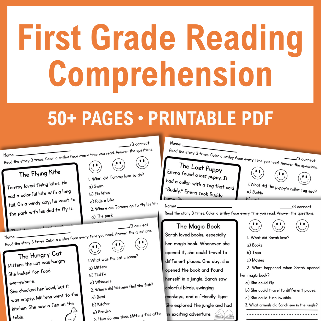 First Grade Reading Comprehension Worksheets, Decodable Stories with Questions, 50 Printable Pages