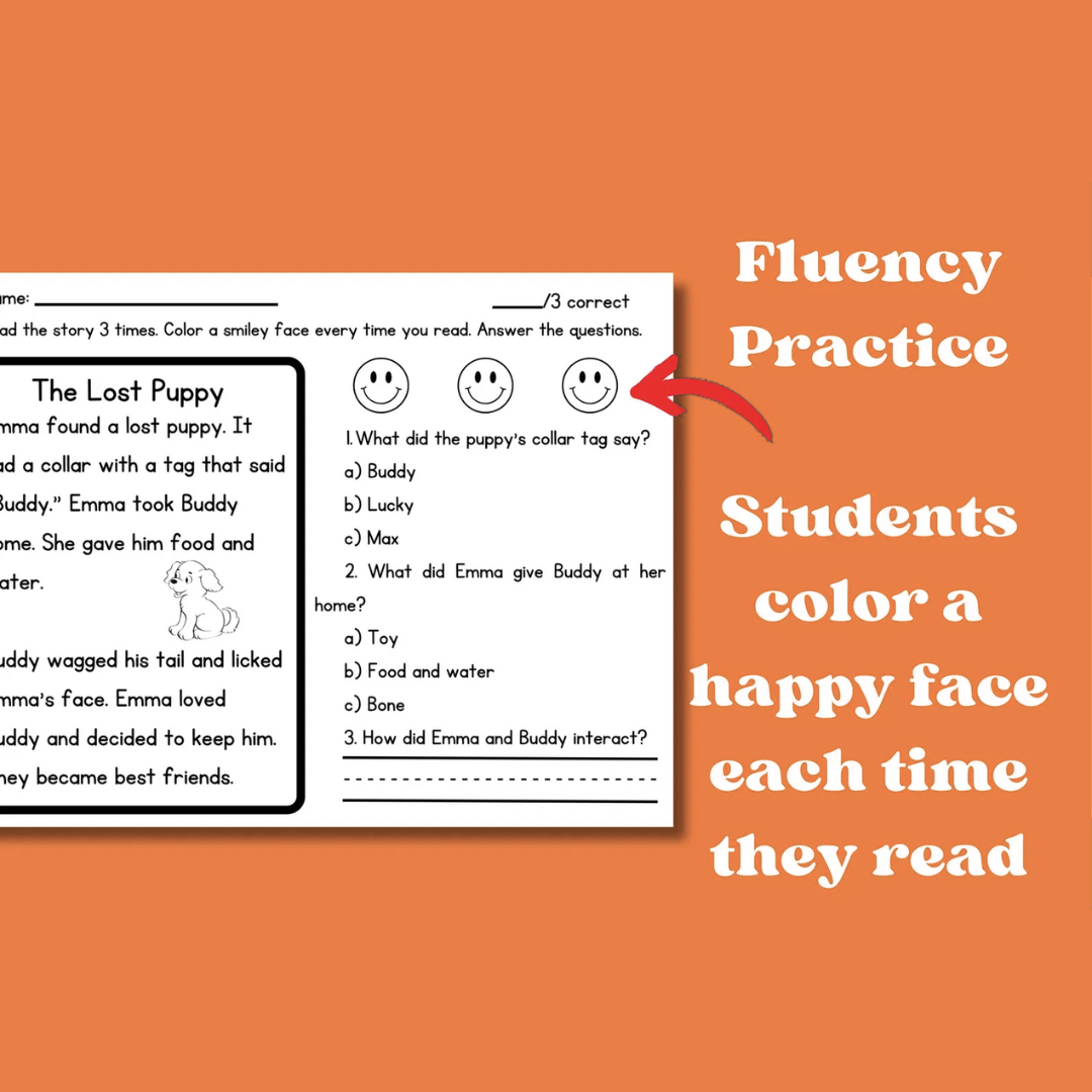 First Grade Reading Comprehension Worksheets, Decodable Stories with Questions, 50 Printable Pages